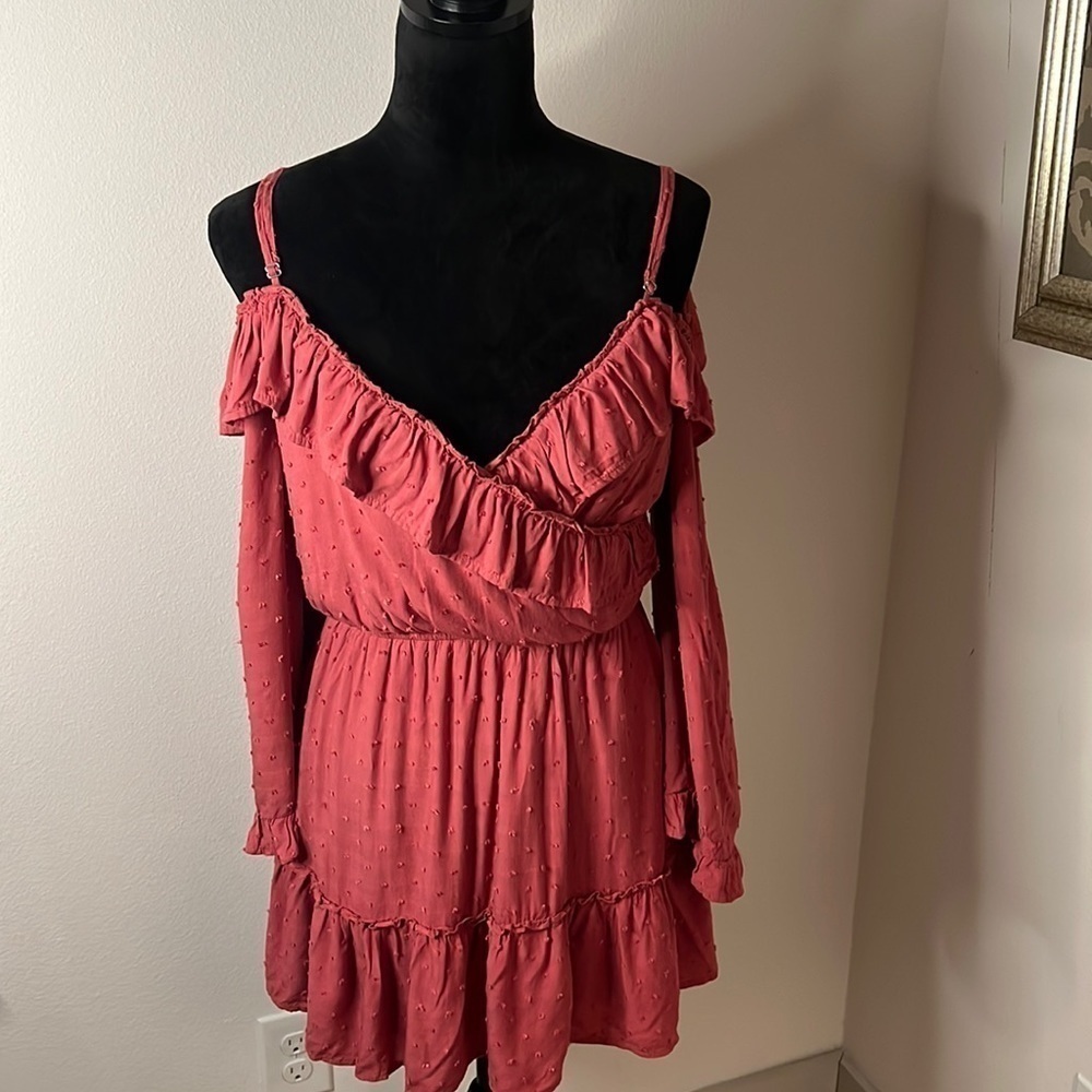 Berry N Cream ruffle‎ crossed front & hem bell sleeves 100% cotton mini dress S